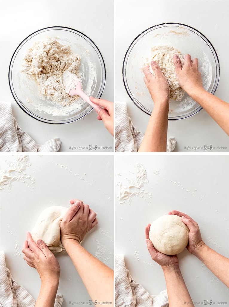 four step by step photos kneading dough for homemade bagels