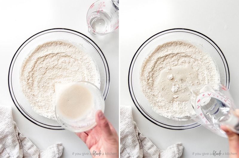 water yeast mixture poured into bowl of flour; second photo more water added to bowl of flour