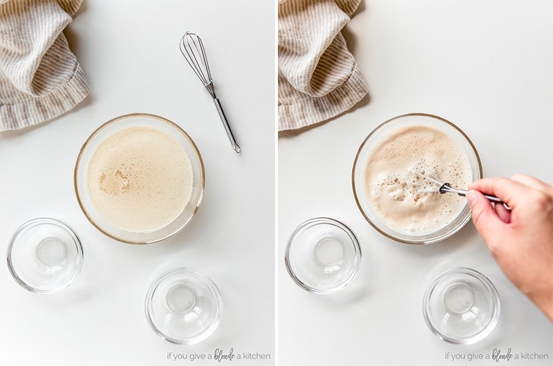 water, sugar and yeast in small glass bowl; before and after yeast activating