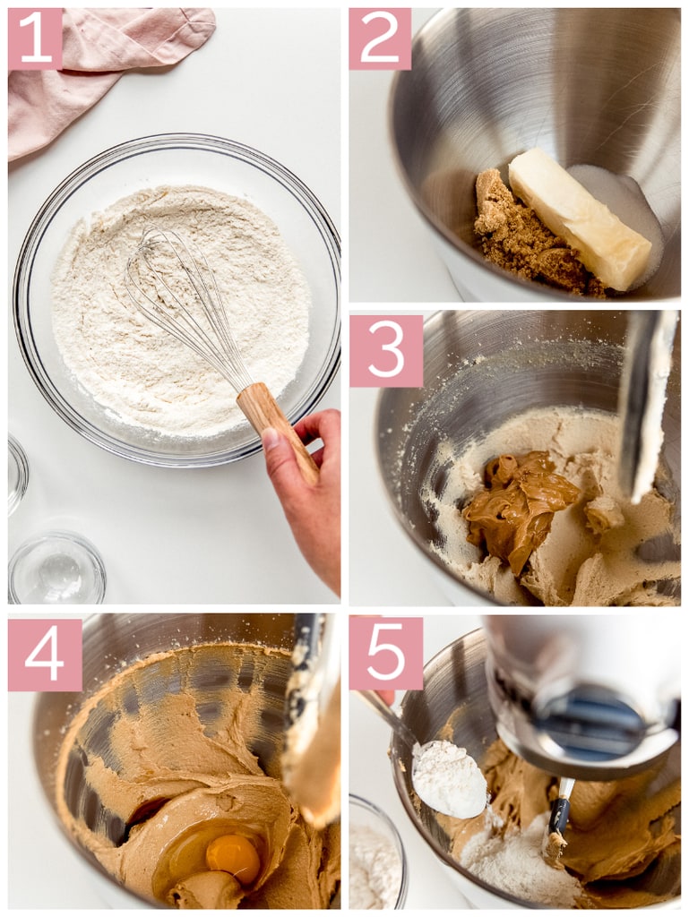 step-by-step picture collage demonstrating how to make peanut butter cookies in a stand mixer