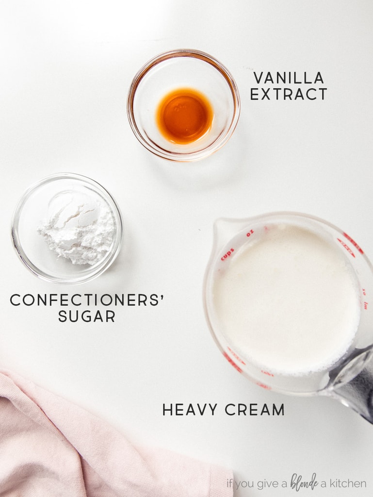whipped cream ingredients labeled vanilla, confectioners' sugar and heavy cream