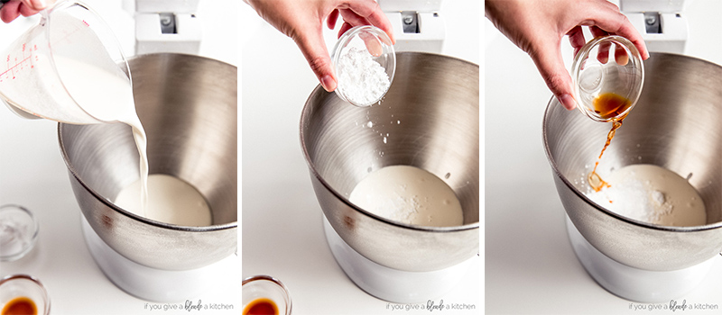 whipped cream ingredients added to metal mixing bowl
