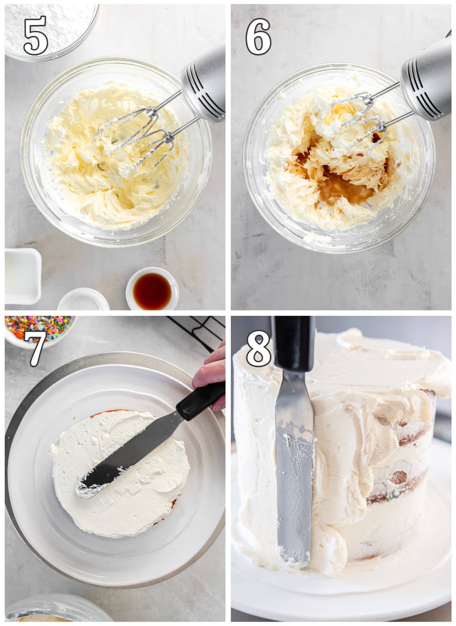 photo collage demonstrating how to make buttercream frosting and frost a funfetti cake.