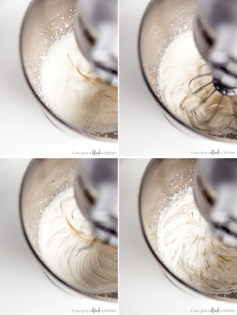 collage showing whipped cream getting thicker in mixing bowl