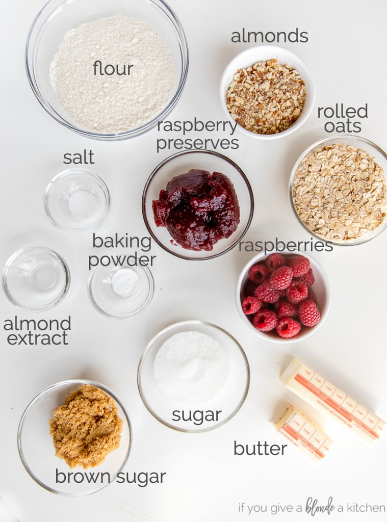 raspberry oatmeal bars ingredients in bowls labeled