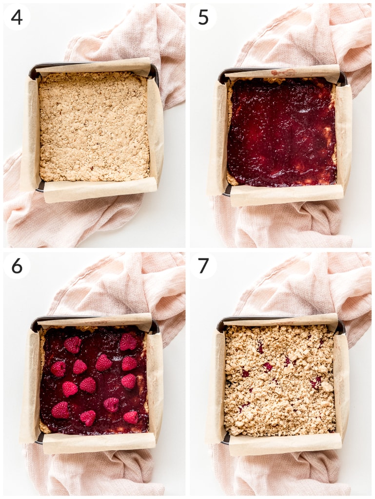 photo collage showing steps to layering raspberry oatmeal bars