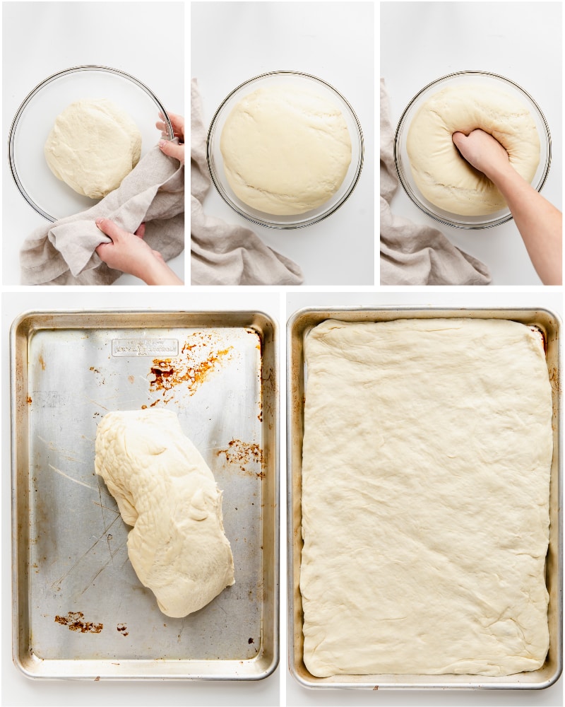 photo collage focaccia dough rising and spread on baking pan