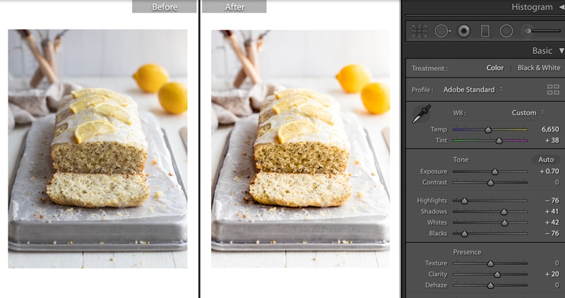 screenshot of lemon poppy seed bread photos in lightroom before and after editing