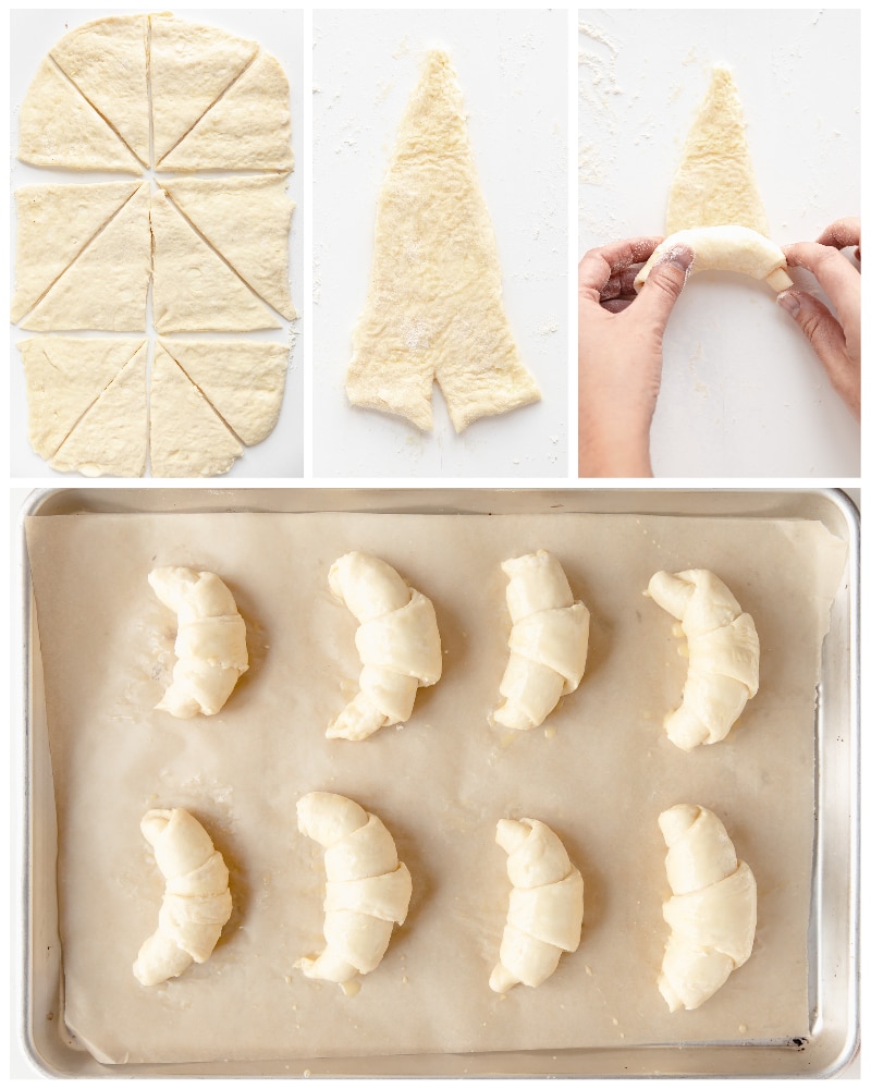 photo collage showing how to cut and shape homemade croissants