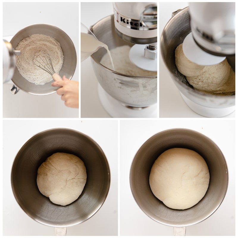 photo collage demonstrating how to make croissant dough in the bowl of a stand mixer