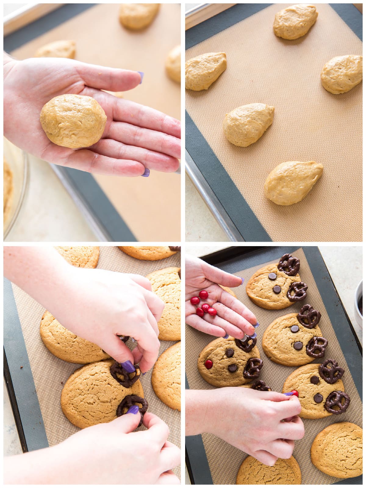 collage of shaping reindeer cookies and adding pretzel antlers