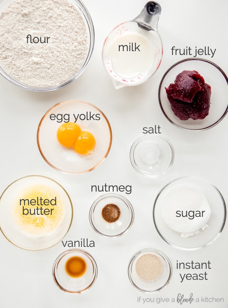 jelly donuts ingredients in bowls, labeled