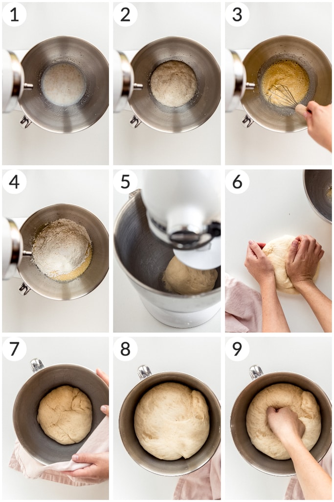 photo collage demonstrating how to make yeasted donut dough from scratch in mixing bowl