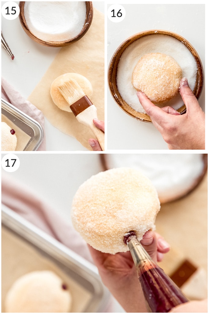 photo collage showing how to brush donuts with butter, roll in sugar and fill with jelly