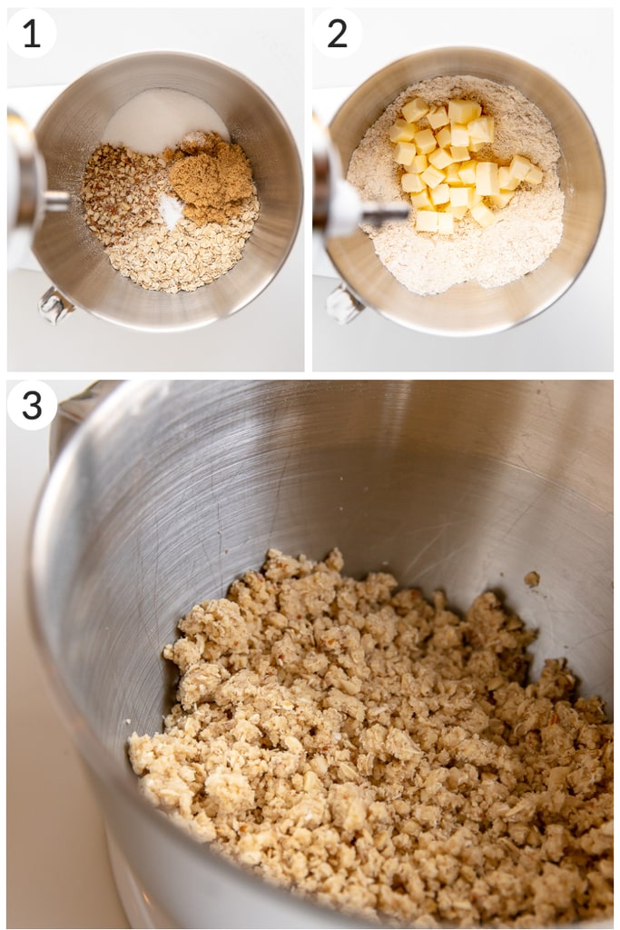 photo collage showing how to make oatmeal crumble in mixing bowl