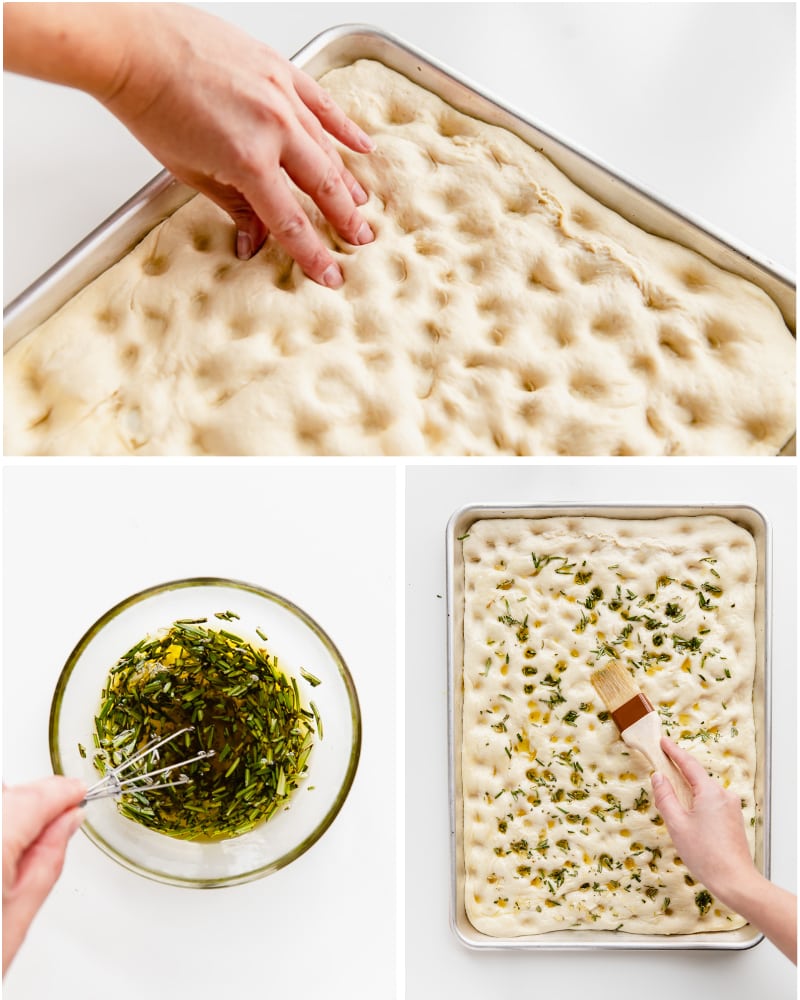 photo collage demonstrating how to poke holes in focaccia dough and spread rosemary garlic olive oil