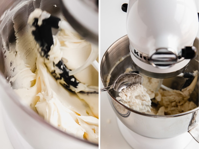 photo collage of how to make shortbread cookie dough in the bowl of a stand mixer