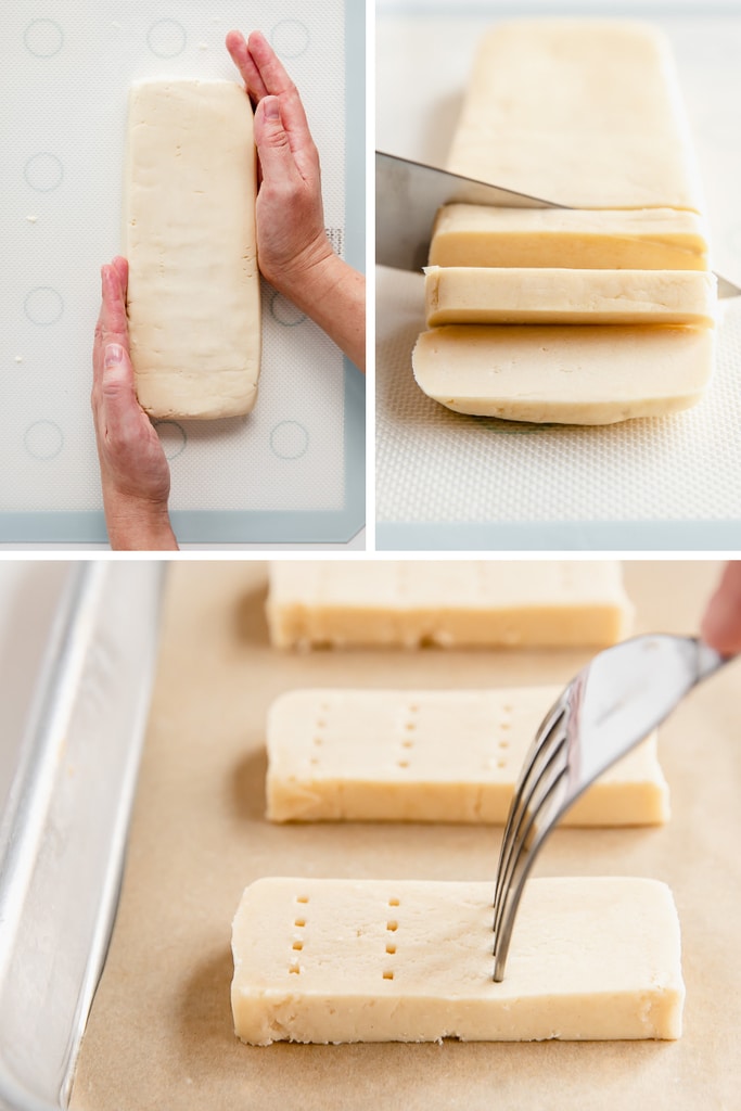 photo collage demonstrating how to shape and cut shortbread cookies