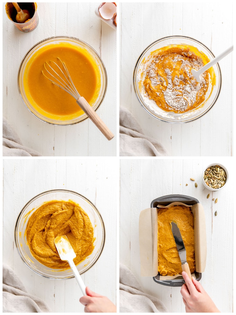 Photo collage demonstrating how to make pumpkin bread in a mixing bowl; steps 5-8.