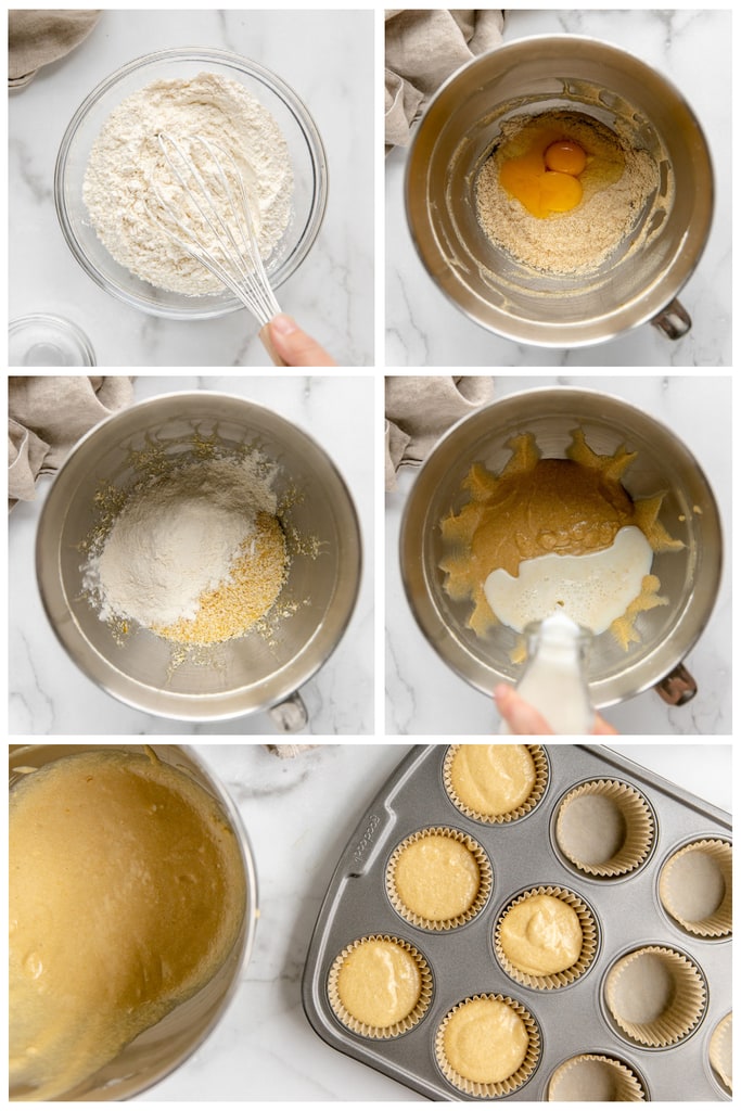 photo collage demonstrating how to make batter for maple cupcakes in a mixing bowl
