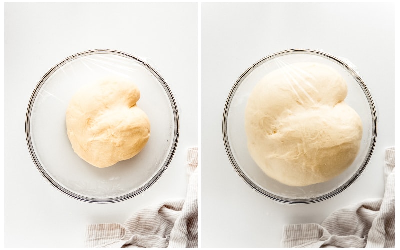 before and after photo collage of cinnamon roll dough rising