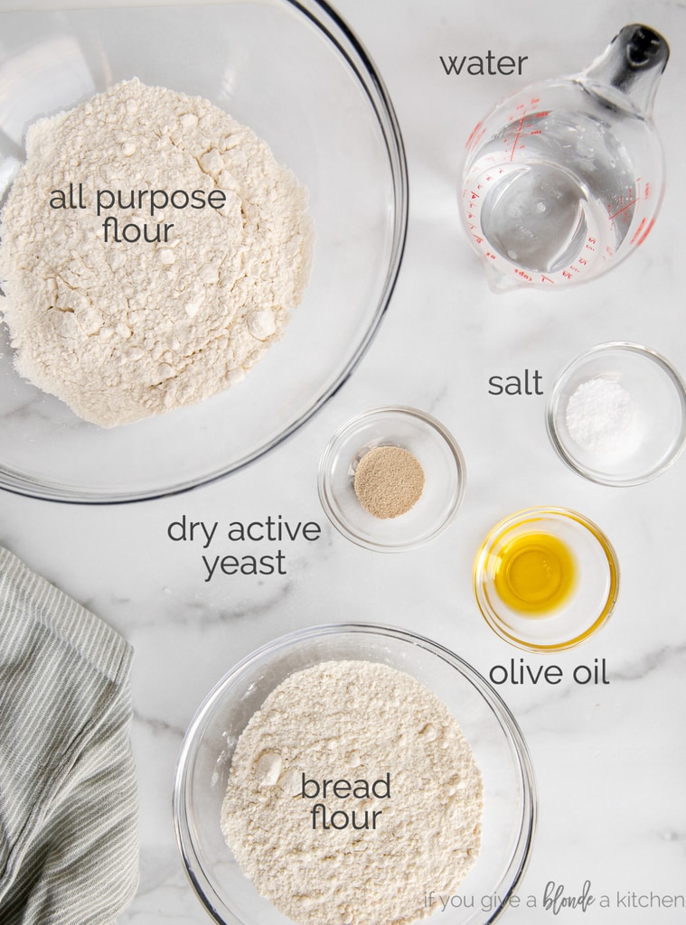 pizza dough ingredients in bowls and labeled with text