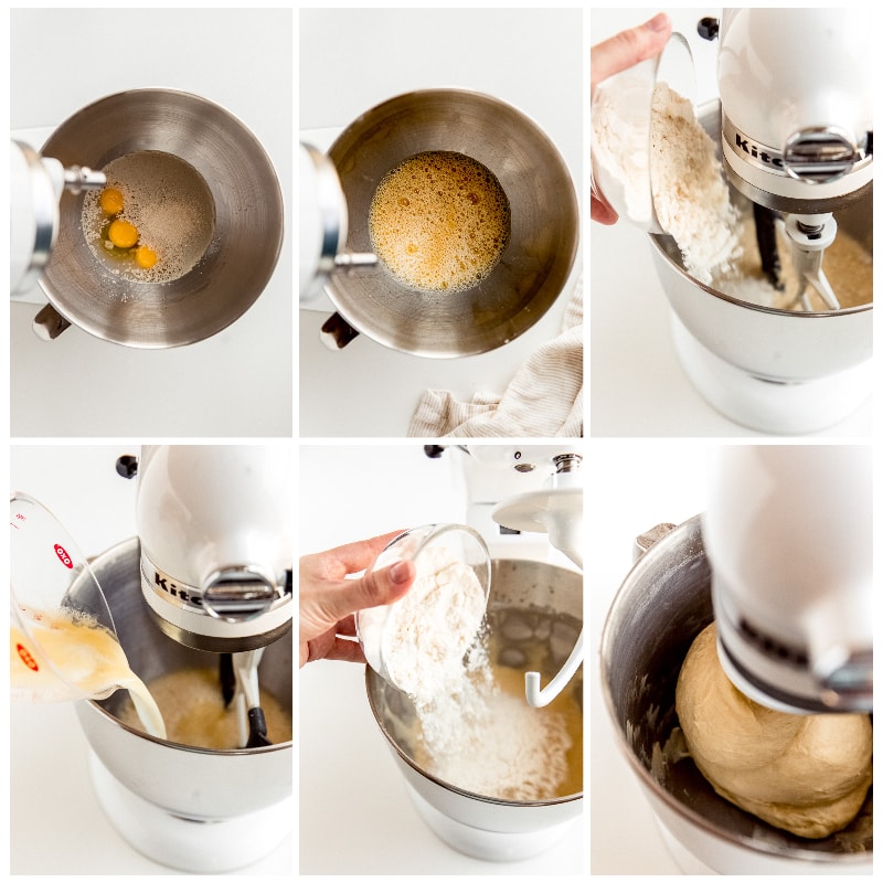 photo collage demonstrating how to make cinnamon roll dough in a stand mixer