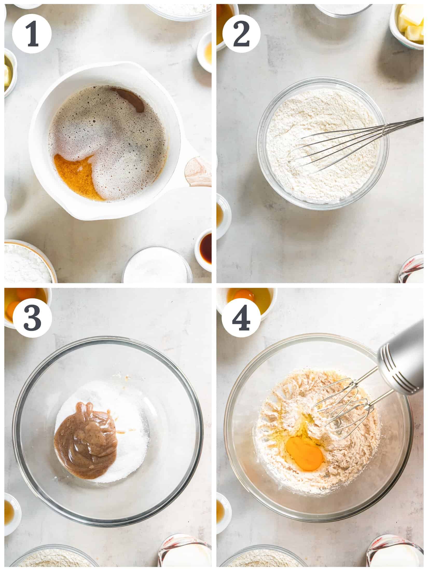 Collage showing browned butter, a whisk with flour, and mixing cupcake batter.