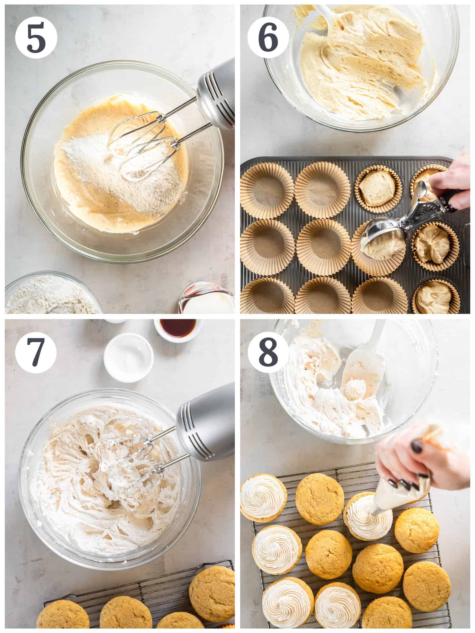 Adding batter to a muffins pan, mixing frosting and frosting cupcakes.