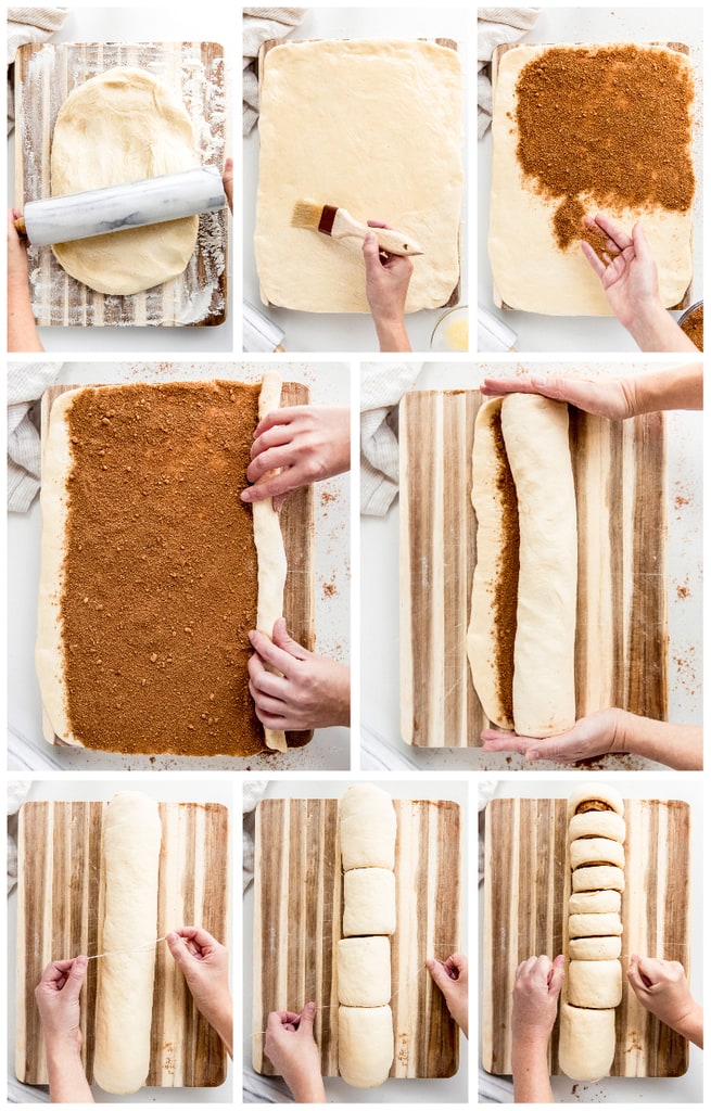 photo collage demonstrating how to fill, roll and cut cinnamon rolls