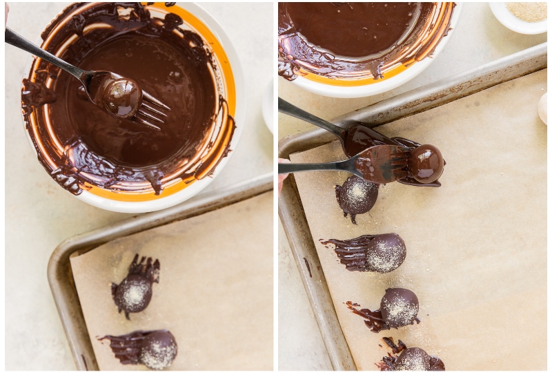 two photos demonstrating how to dip truffles into melted chocolate and transfer to parchment