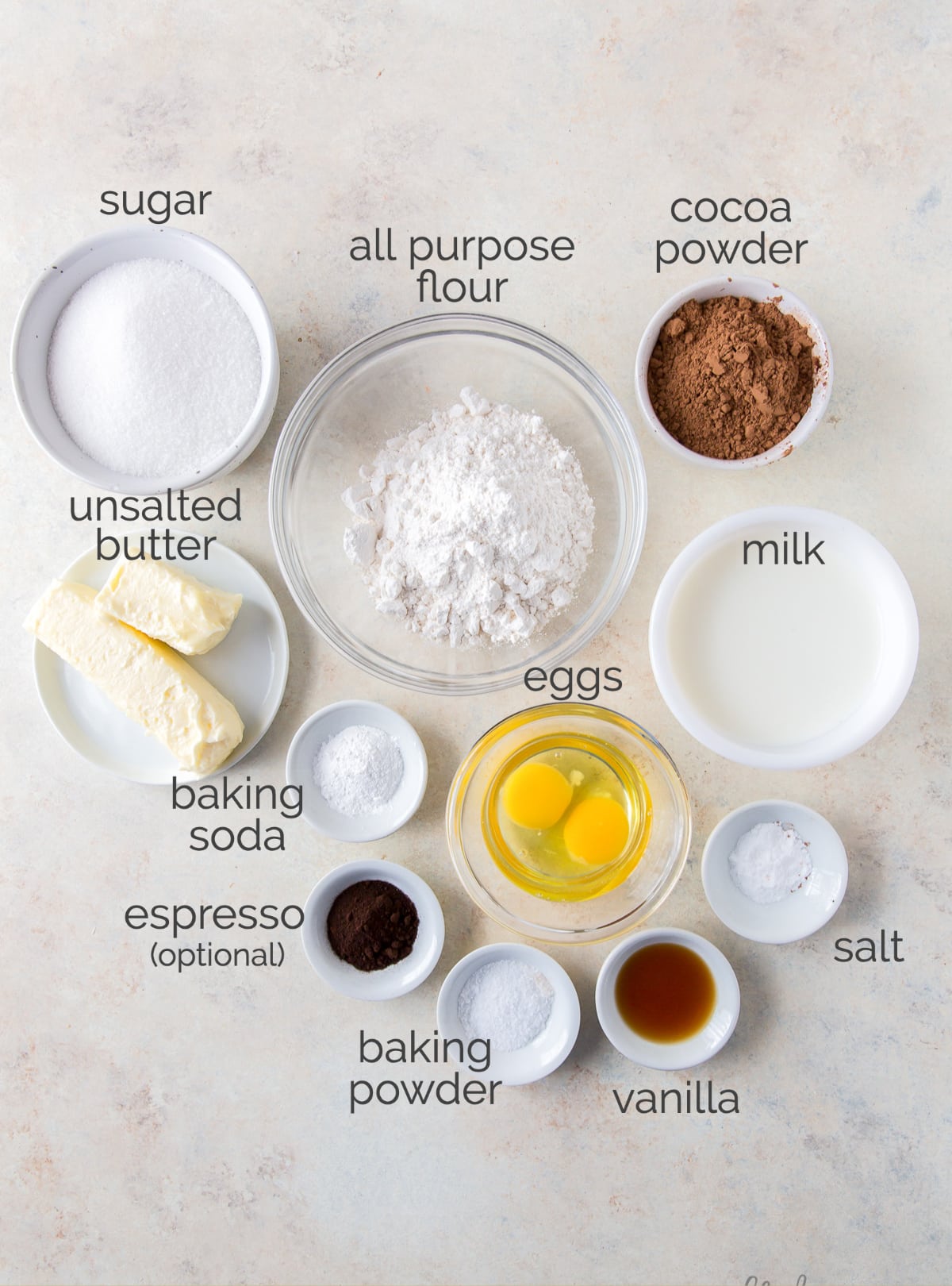 chocolate cupcake ingredients in bowls labeled with text