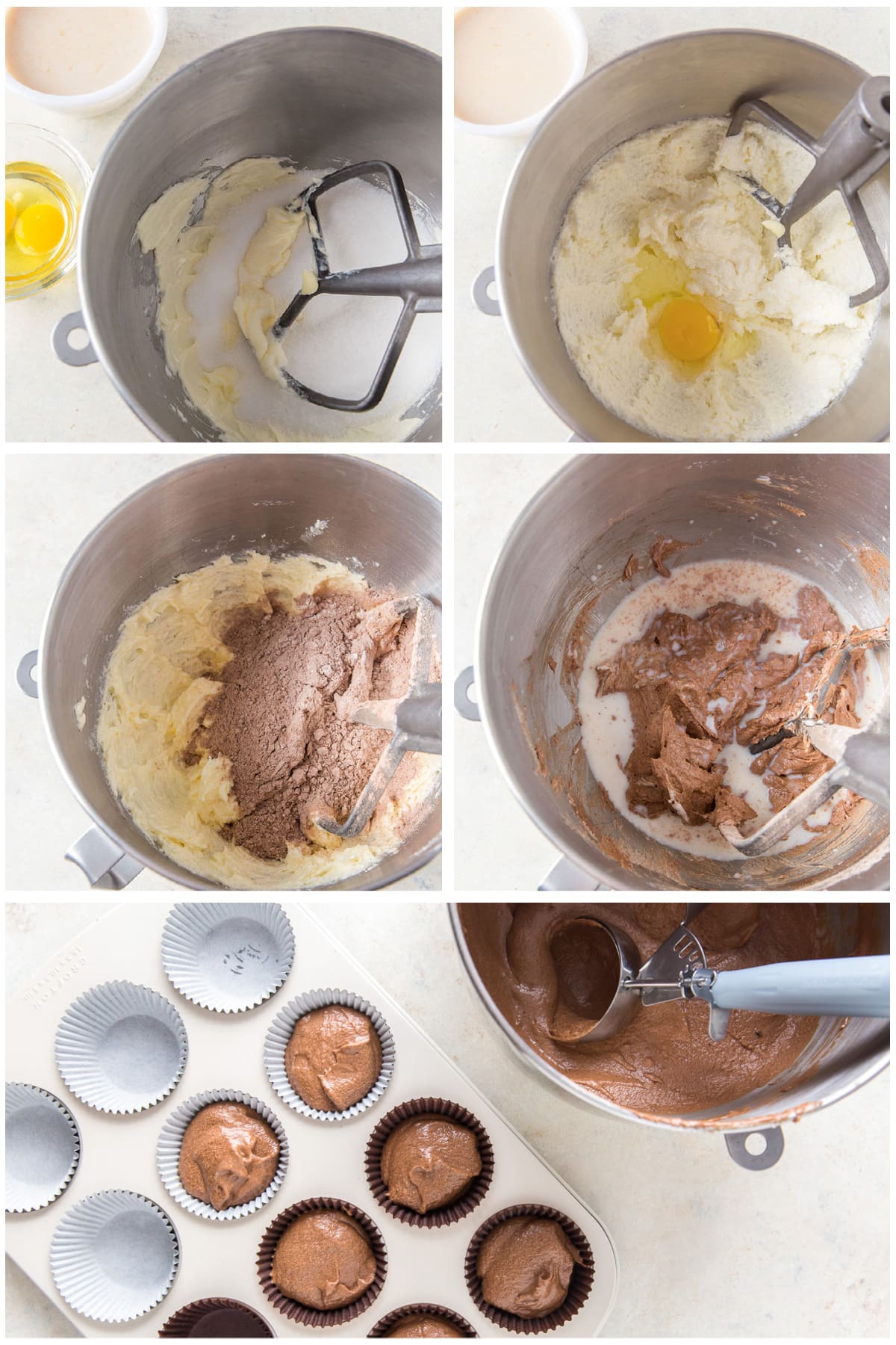 photo collage demonstrating how to make chocolate cupcakes in a mixing bowl and cupcake tin