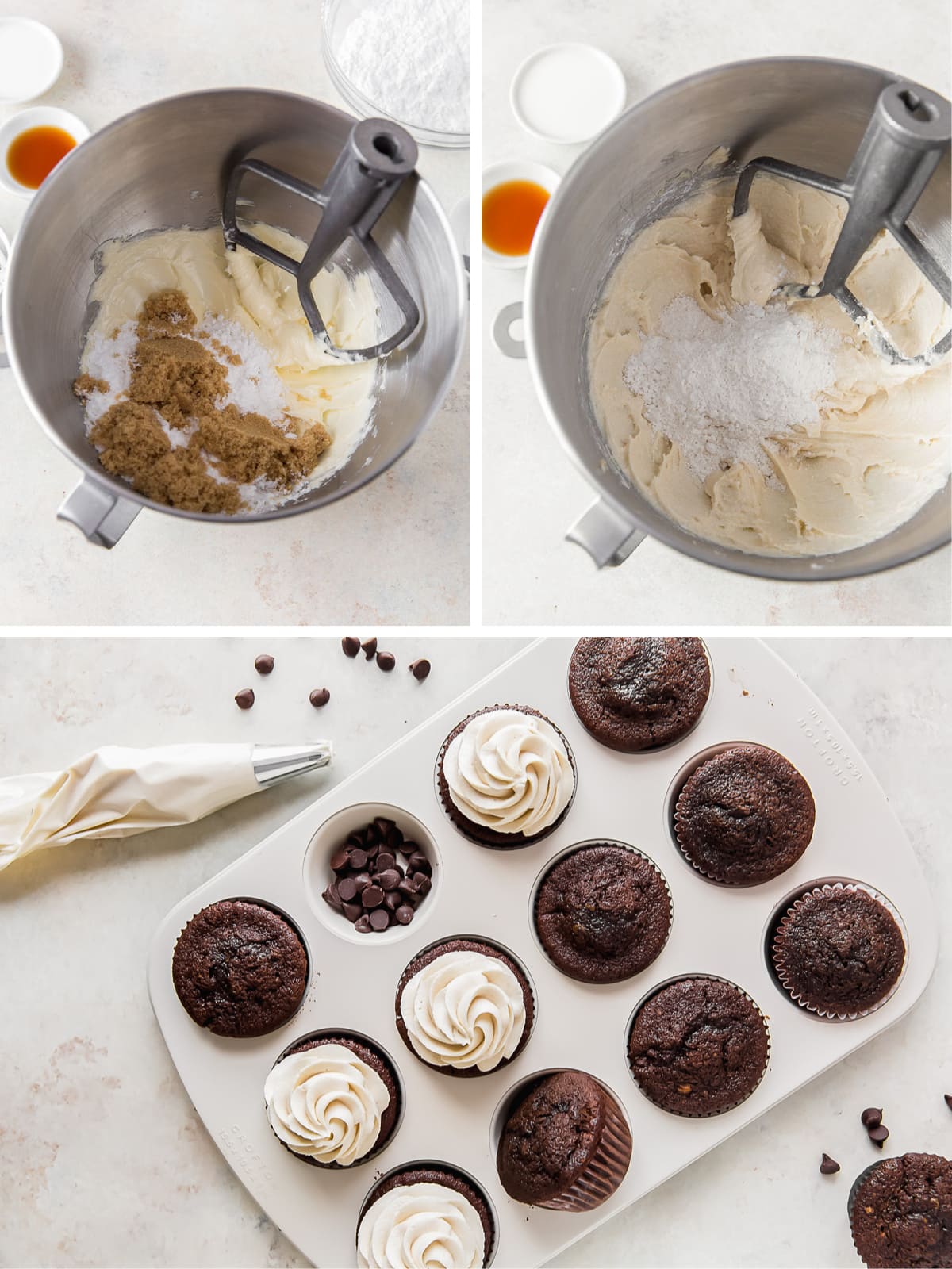 photo collage demonstrating how to make cookie dough frosting in a mixing bowl and frosting chocolate cupcakes