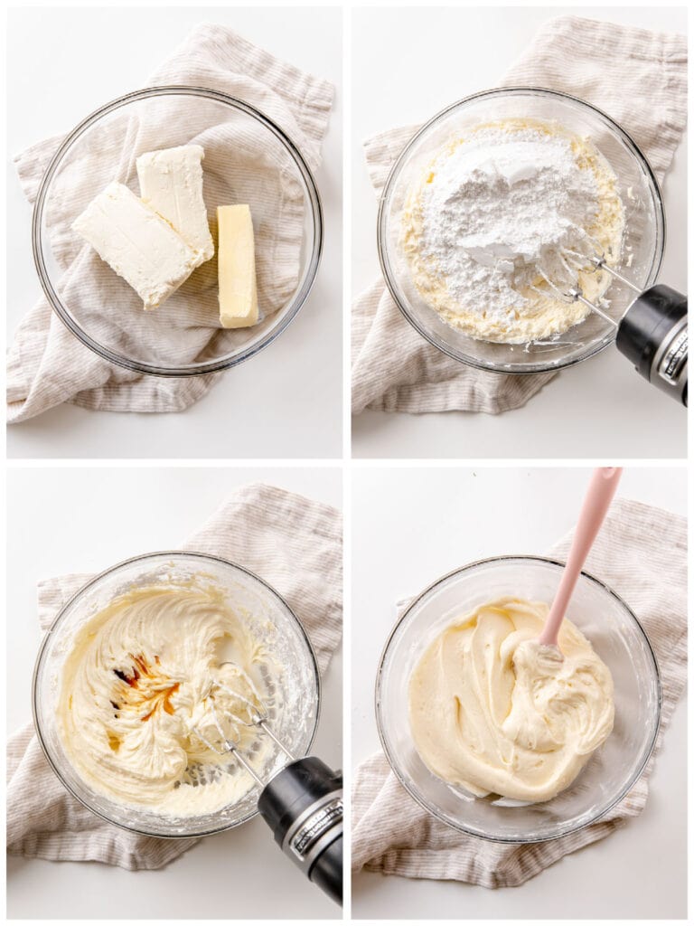 photo collage demonstrating how to make cream cheese frosting in a mixing bowl with a hand mixer