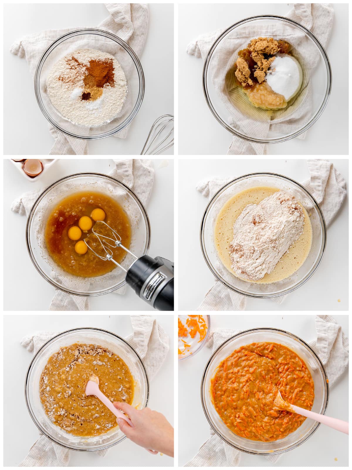 photo collage demonstrating how to make carrot cake batter in a mixing bowl with a hand mixer