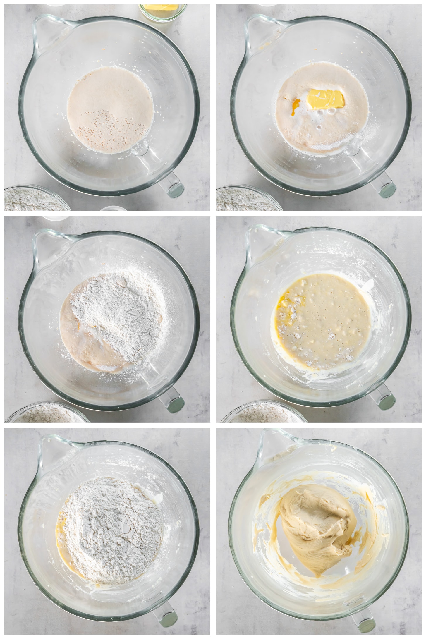 photo collage demonstrating how to make dough for dinner rolls in the bowl of a stand mixer
