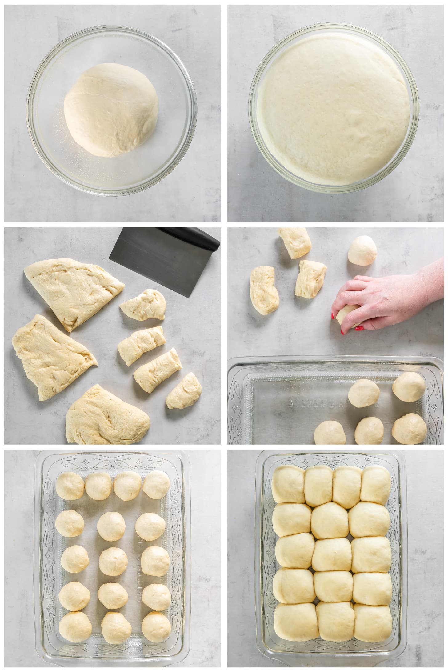photo collage showing first and second rise for homemade dinner rolls and how to shape dinner roll dough