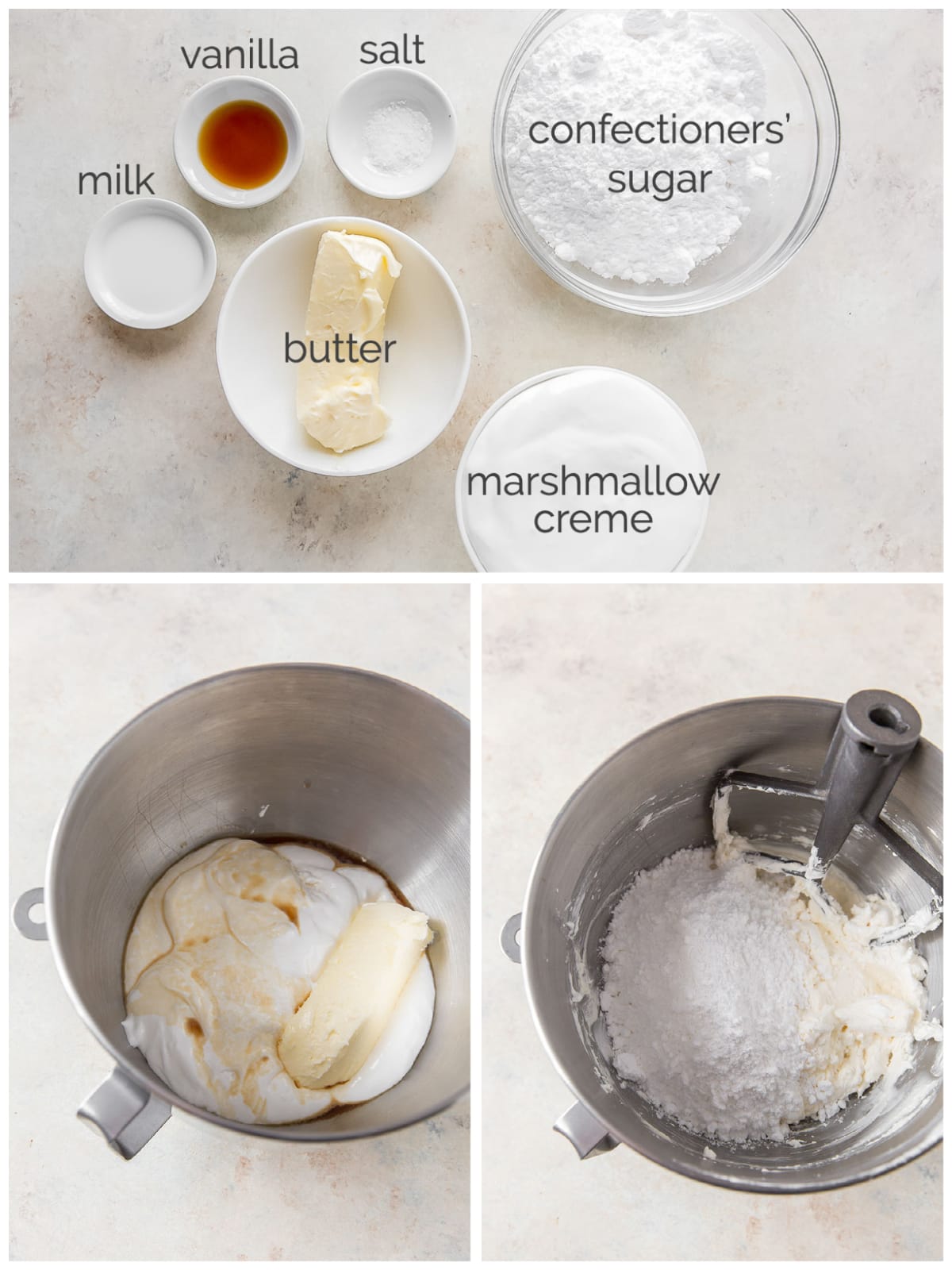 photo collage of marshmallow frosting ingredients and how to make frosting in a mixing bowl