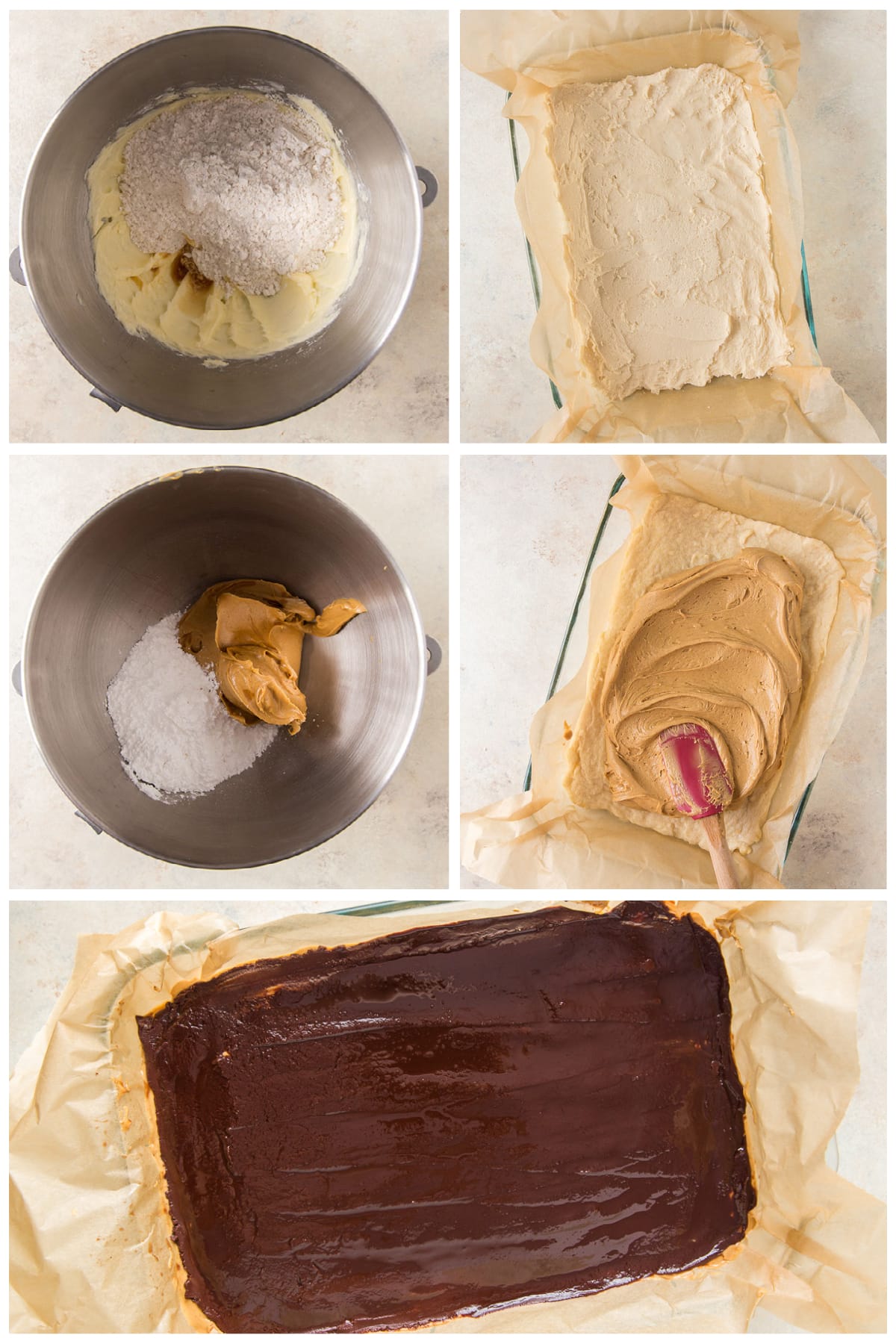 photo collage demonstrating how to make layers for peanut butter chocolate bars