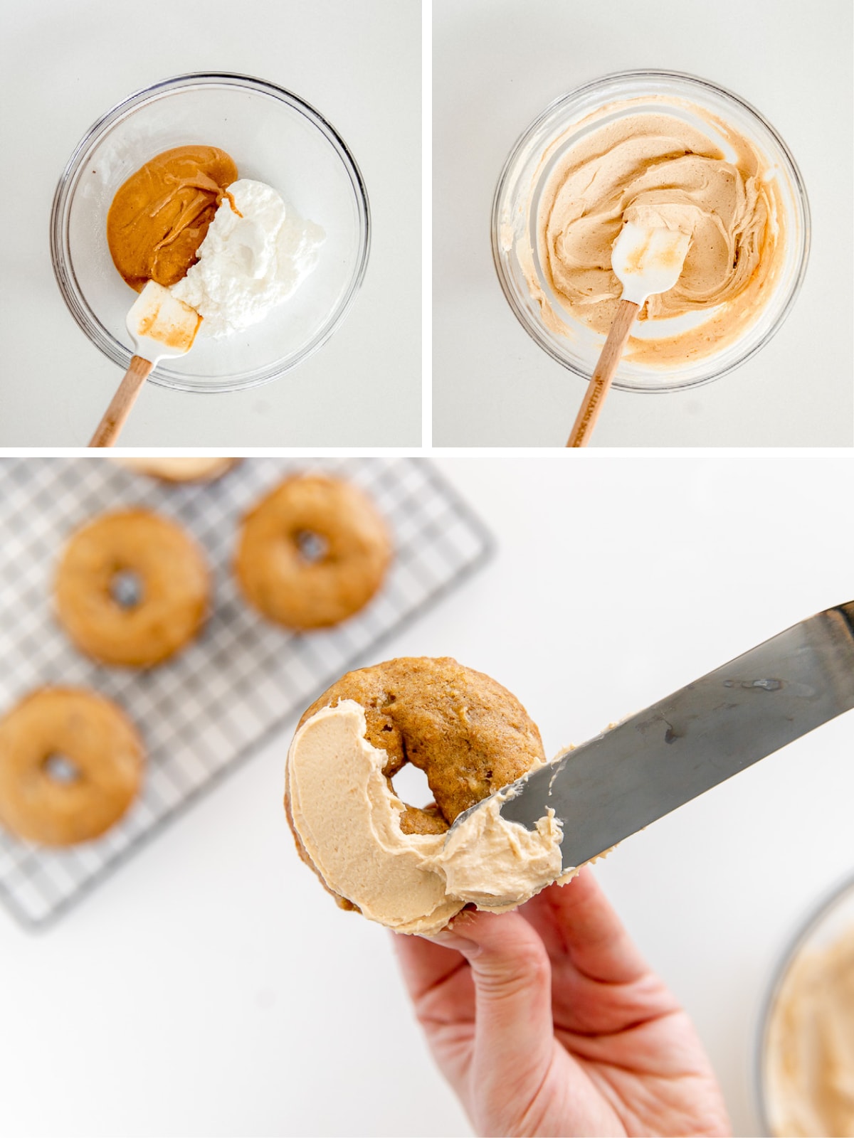 photo collage demonstrating how to make peanut butter frosting for dog donuts