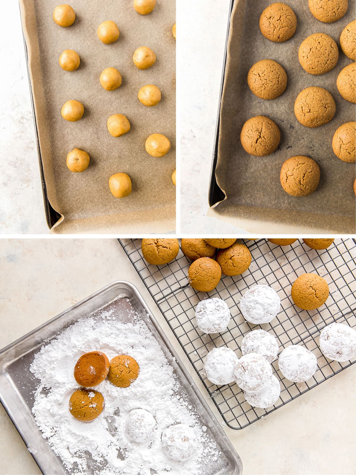 photo collage showing pfeffernusse before and after baking and coating in confectioners' sugar