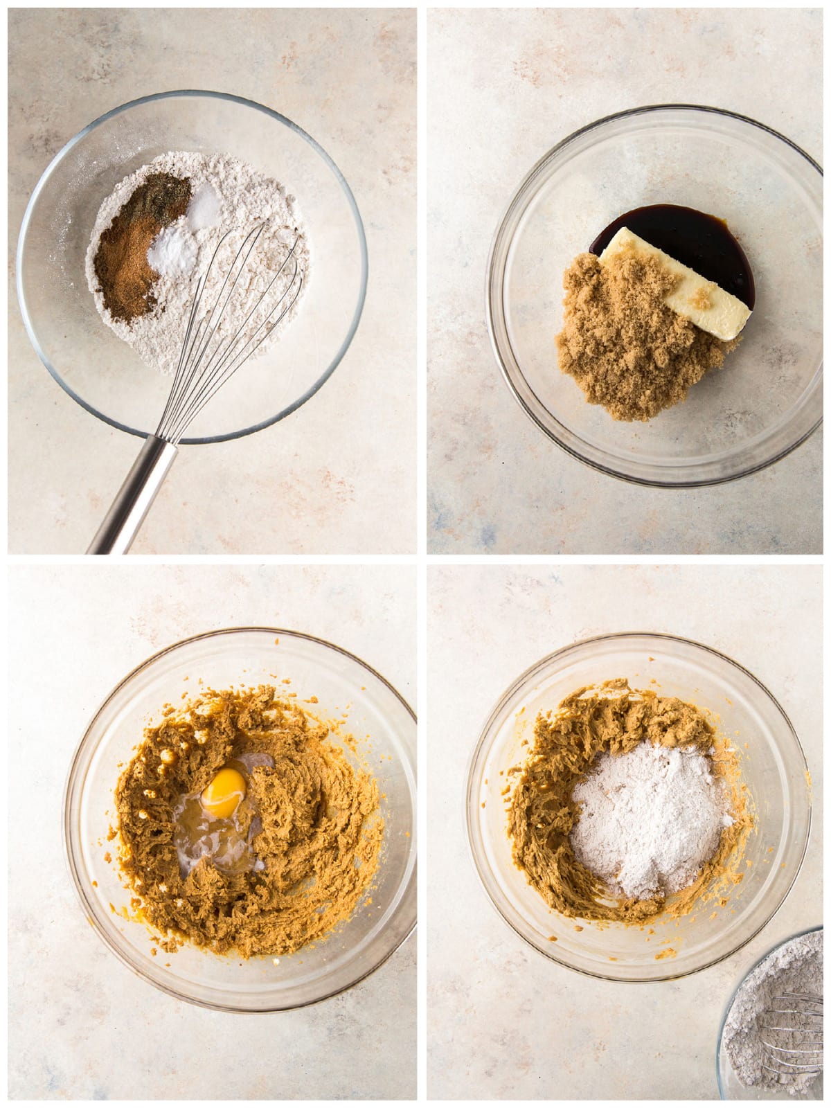 photo collage demonstrating how to make pfeffernusse cookie dough in a mixing bowl