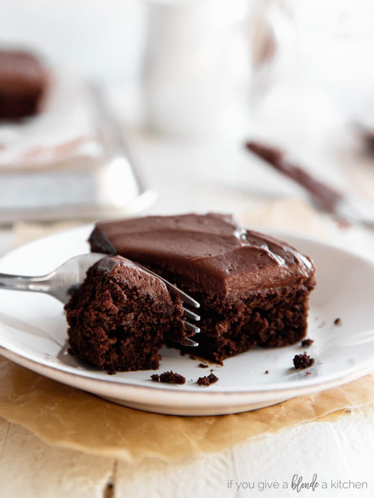 square slice of chocolate cake on plate with fork taking a bite from the cake