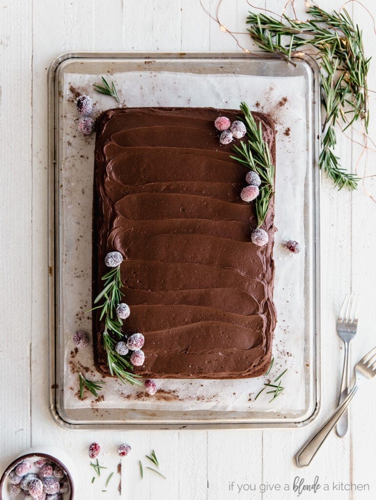 chocolate sheet cake with chocolate frosting garnished with sugared cranberries and rosemary sprigs for christmas
