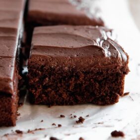 chocolate sheet cake square with chocolate frosting