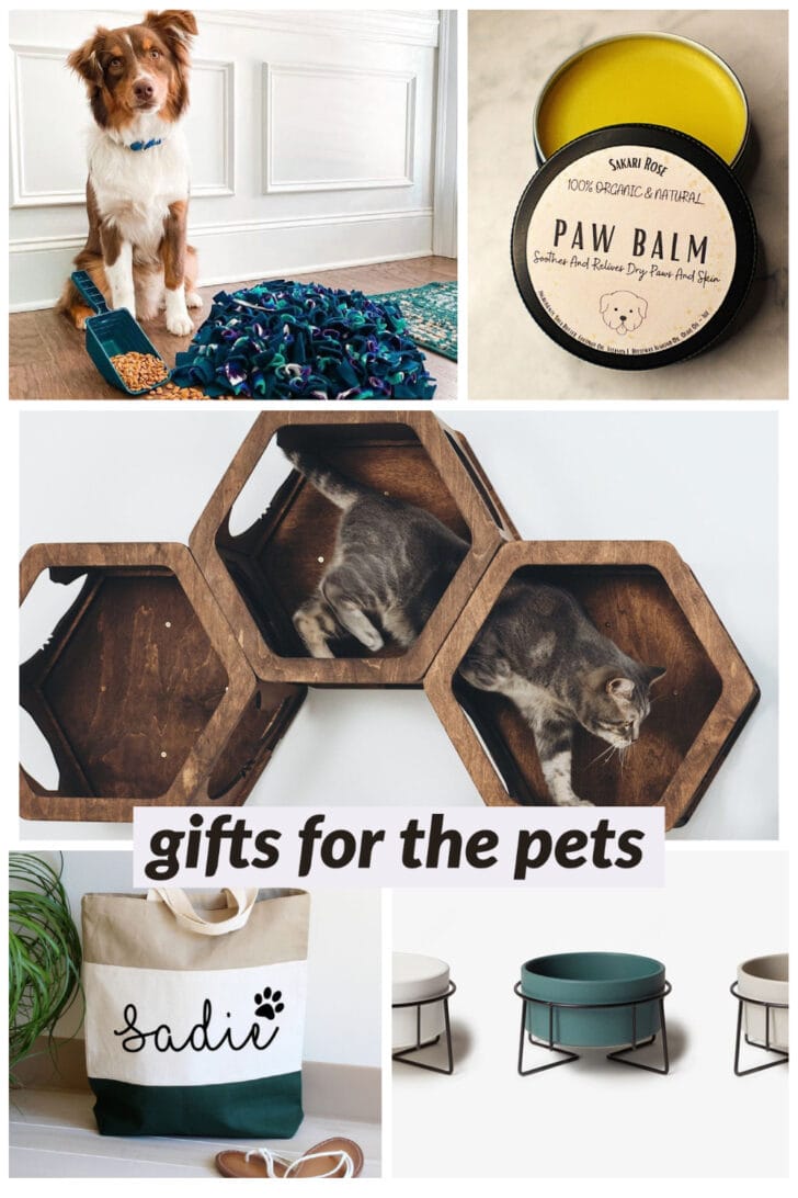 photo collage of gifts for the pets dog snuffle mat, paw cream, cat shelf, pet tote, ceramic dog bowl