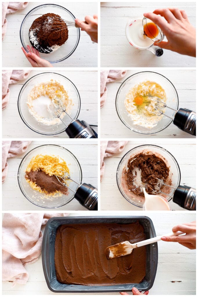 photo collage demonstrating how to make chocolate sheet cake in a mixing bowl
