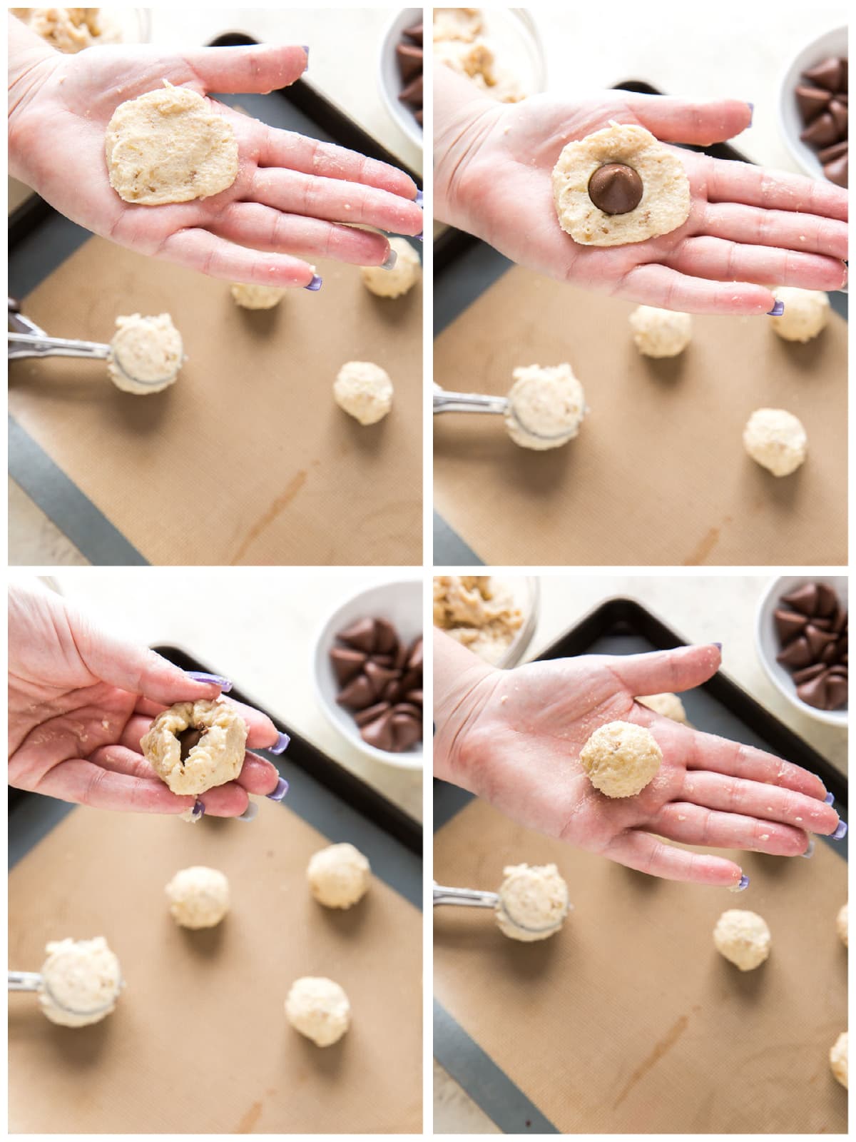 photo collage demonstrating how to wrap a chocolate kiss inside cookie dough