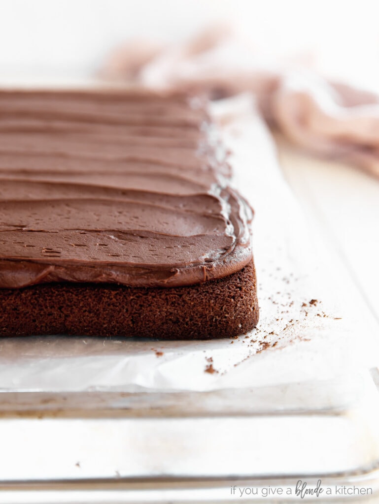 chocolate cake with layer of chocolate buttercream frosting on top